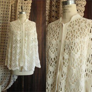Vintage 1960s 1970s Poncho Shawl, White Crochet with Buttons Cape, Knit Wrap